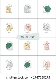 Vector logotype line icons of zodiac signs. Stylised women logo collection