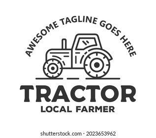 vector logotype for local farm with handdrawn sketch of tractor isolated in white background. vintage logo illustration