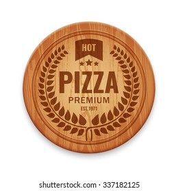 Vector logotype for pizza restaurant on wooden round cutting board, design template