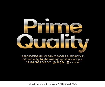 Vector logotype Prime Quality with Golden Alphabet Letters. Metallic reflective Font