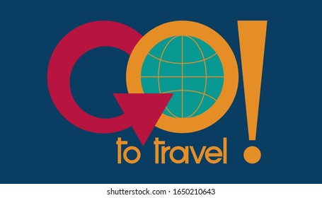 Vector logotype red and orange  inscription GO to travel with arrow and turquoise globe on the dark bleu background
