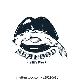 Vector  logotype for seafood shop  with hand drawn illustration  of  woman mouth with fish . Tattoo artwork . Template for card, poster, banner, print for t-shirt.