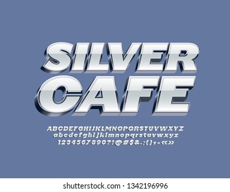 Vector logotype Silver Cafe with 3D Font. Modern White and Metallic Alphabet Letters, Numbers and Symbols