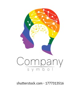 Símbolo vectorial de la cabeza humana. Logo de perfil facial. Color arcoiris aislado en blanco. Signo de concepto para negocios, ciencia, psicología, medicina, LGBT. Diseño creativo de signos Silhouette de hombre y cerebro