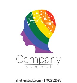 Vector logotype symbol of human head. Profile face logo. Rainbow color isolated on white . Concept sign for business, science, psychology, medicine, LGBT. Creative sign design Man silhouette and brain