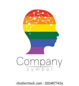 Vector logotype symbol of human head. Profile face logo. Rainbow color isolated on white . Concept sign for business, science, psychology, medicine, LGBT. Creative sign design Man silhouette and brain