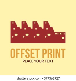 Vector logotype template. Digital print machine with sample text. Press equipment pictogram. Illustration with icons and text.