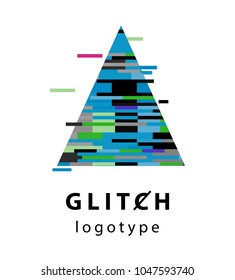 Vector logotype of triangle made of colorful pixels with glitch effect.