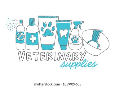 Vector logotype for veterinary pharmacy or pet shop. Set of hand drawn icons - toothpaste, spray, syringe, pills, medicaments, collar. Emblem with text, isolated on white background