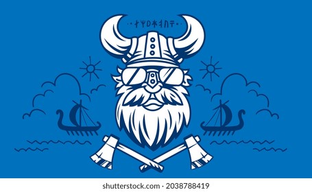 Vector Logotype White Viking Head in Helmet with Horns and Axe on Blue Background. Line Art Flat Style Design of Viking Logo with Drakkar