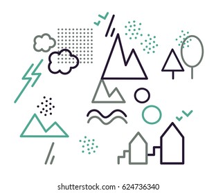 Vector logotypes, icons. Two clouds with two lightning, two mountains, river in the mountains, two birds,two houses with staircases. Info-graphic.
