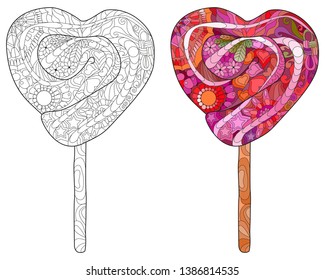 Vector lollipop with abstract ornaments. Hand drawn illustration for t-shirt and other decoration. Color and outline set