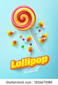 Vector of Lollipop and colorful candy on mint blue pastel background. Sweet lollipop and candy concept.vector illustration eps 10