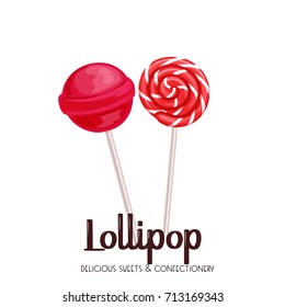Vector lollipop icon. Red candy on stick with twisted design. Cartoon style illustration.