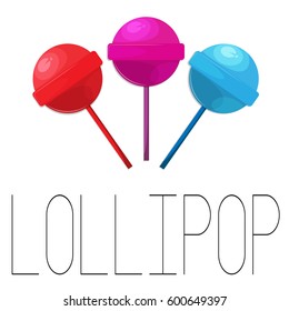 Vector lollipop illustration. Set of three candies red, pink, blue. Caramel tasty decoration. Sweet kids print. Tasty yummy decoration