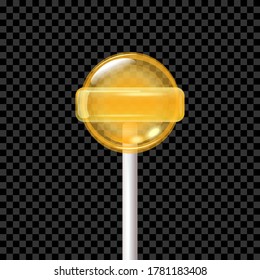 Vector Lollipop isolated on transparent background. Transparent Sugar Candy, Yellow color. 3d vector illustration of lolly pop.