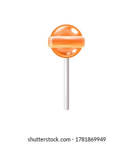 Vector Lollipop isolated on white background. Transparent Sugar Candy, Orange color. 3d vector illustration of lolly pop.