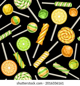 Vector Lollipop Seamless Pattern, square repeating fruit lollipops background for kids textile, poster with cut out illustrations of various colorful fruity candies on sticks on black background.