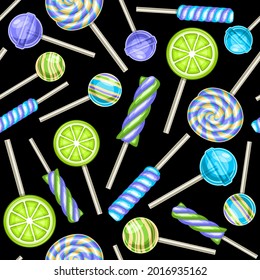 Vector Lollipop Seamless Pattern, square repeating fruit lollipops background for kids textile, poster with cut out illustrations of different colorful swirly candies on sticks on black background.