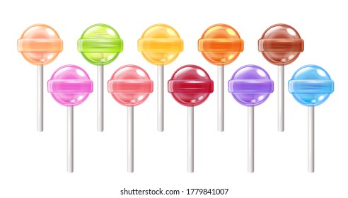 Vektor Lollipop Set. Realistische 3D-transparente, farbige, süße Lollipops. Runde Bonbons auf Stock. Vektorgrafik, weißer Hintergrund