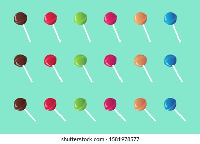 Vector lollipops collection in different colors. Sweet candy in isometric.