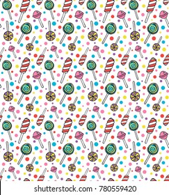 Vector lollipops seamless pattern. Cartoon doodle sweet candy background.