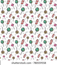Vector lollipops seamless pattern. Cartoon doodle sweet candy background.