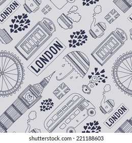Vector London background with tourism attractions and symbols. Big ben, bus, tea,cup, flag, telephone and  umbrella.