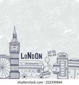 Vector London background with tourism attractions and symbols. Big ben, bus, tea,cup, flag, telephone and  umbrella