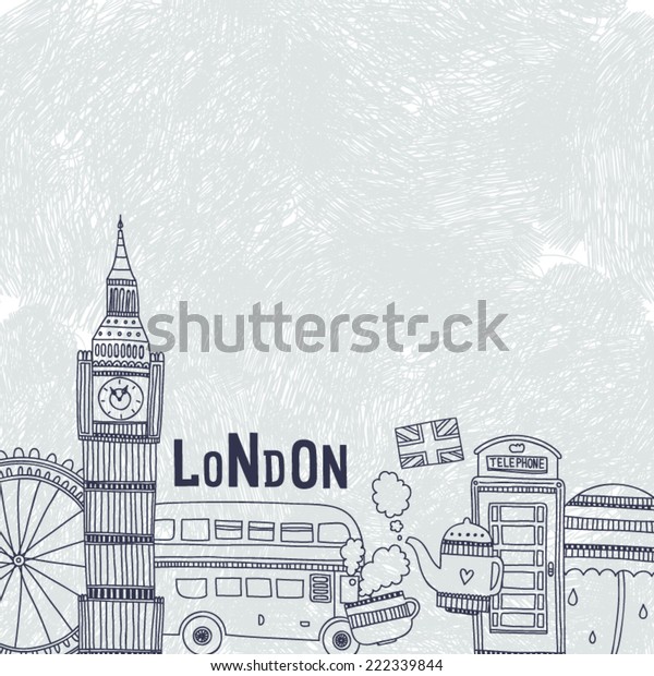 Vector London\
background with tourism attractions and symbols. Big ben, bus,\
tea,cup, flag, telephone and \
umbrella