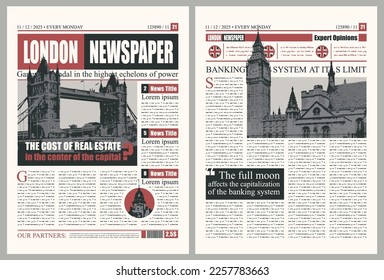 Vector London city newspaper layout with headlines, foto with westminster palace, Tower Bridge. News column articles and daily advertising construction. Newsprint design or magazine page template