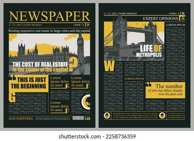 Vector London city newspaper layout with headlines, foto with westminster palace, Tower Bridge. News column articles and daily advertising construction. Newsprint design or magazine page template