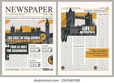 Vector London city newspaper layout with headlines, foto with westminster palace, Tower Bridge. News column articles and daily advertising construction. Newsprint design or magazine page template