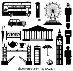 Vector London city street icon set. A set of London symbols and landmarks in silhouettes.