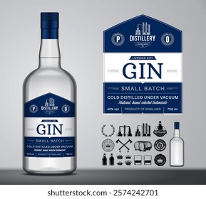 Vector london dry gin label template and glass bottle mockup. Gin and distilling business branding and identity design elements