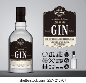 Vector london dry gin label template and glass bottle mockup. Gin and distilling business branding and identity design elements