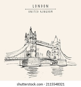 Vector Londres, Inglaterra, postal turística del Reino Unido. El famoso puente de la Torre sobre el río Temes. Dibujo de boceto de viajes británico. Vintage Reino Unido de la mano de los afiches de fondo. Ilustración artística