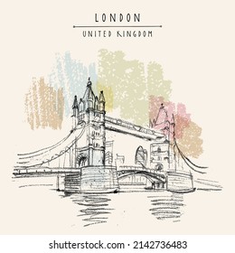 Vector London, England, United Kingdom touristic postcard. Famous Tower bridge on the river Themes. British travel sketch drawing. Vintage UK travel hand drawn poster background. Artistic illustration