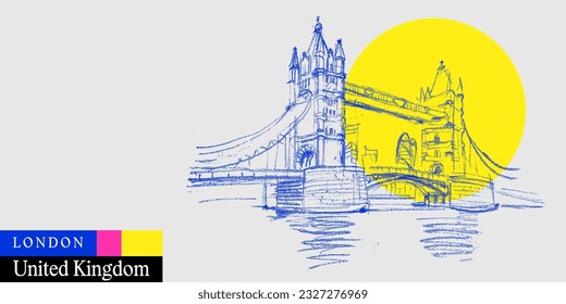 Vector London, England, United Kingdom postcard. Famous Tower bridge on the river Thames. UK artistic bright vibrant travel sketch. Modern British hand drawn touristic poster, book illustration