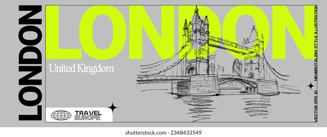 Vector Londres, Inglaterra, pancarta del Reino Unido. El famoso puente de la Torre sobre el río Támesis. Esbozo de viajes artísticos del Reino Unido en colores modernos. Plantilla de boleto turístico de dibujos a mano británicos modernos