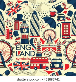 Vector London illustration with Big Ben, red bus, umbrella and other landmarks