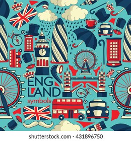 Vector London illustration with Big Ben, red bus, umbrella and other landmarks