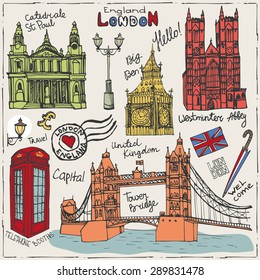 Vector  London landmark, lettering. Hand drawn doodle sketchy. Famous architectural monuments, sign, symbols. England vintage icons, background