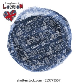 Vector London landmark, lettering pattern,watercolor background.Hand drawn doodle sketchy.Famous architectural monuments,sign,symbol.England vintage linear  icons.Textured ink splash.Round composition