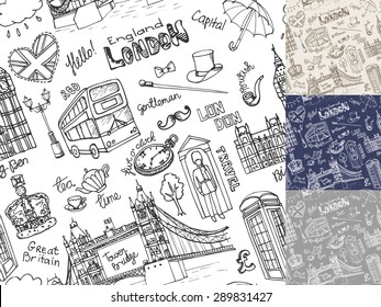 Vector  London landmark, lettering in seamless pattern set. Doodle Hand drawn  sketchy. Famous architectural monuments, sign, symbols. England vintage icons, background, backdrop, wallpaper, fabric