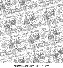 Vector  London landmark, lettering and symbols pattern ,background.Hand drawn doodle sketchy  .Famous architectural monuments ,sign. England vintage icons , background, backdrop