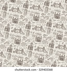 Vector  London landmark, lettering and symbols  in  pattern background. Linear Hand drawn doodle sketchy. Famous architectural monuments, sign. England vintage icons, backdrop