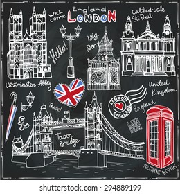 Vector  London landmark, lettering.Hand drawn doodle sketchy.Famous architectural monuments ,sign,symbols. England vintage icons , Chalkboard background