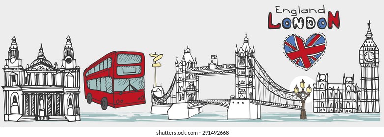 Vector  London landmark panorama,city skyline .Hand drawn doodle sketchy.Famous architectural monuments ,sign,symbols. England vintage icons , background,horizontal banner