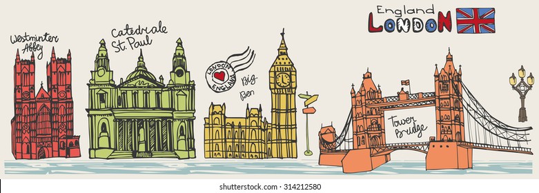 Vector  London landmark panorama,city skyline .Hand drawn doodle sketchy.Famous architectural monuments ,sign,symbols. England vintage icons , background